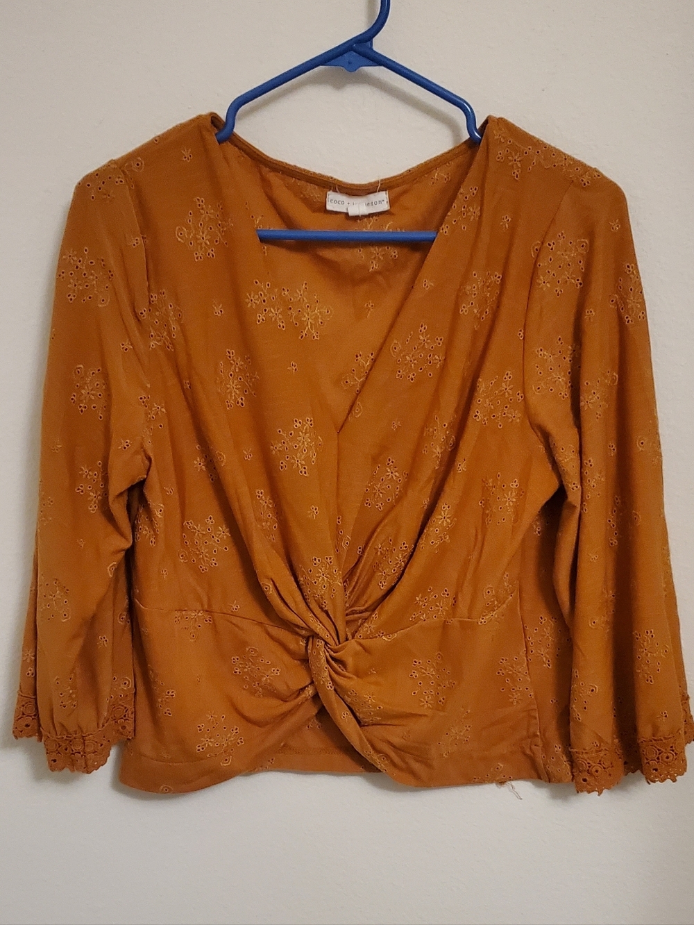 Coco + Jaimeson Women's Mustard Twist Front Eyelet Blouse Boho Festival Peasant